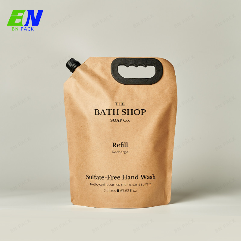 Eco Friendly Customized Printing Brown Kraft Paper Refill Shampoo Stand Up Spout Pouch With Handle