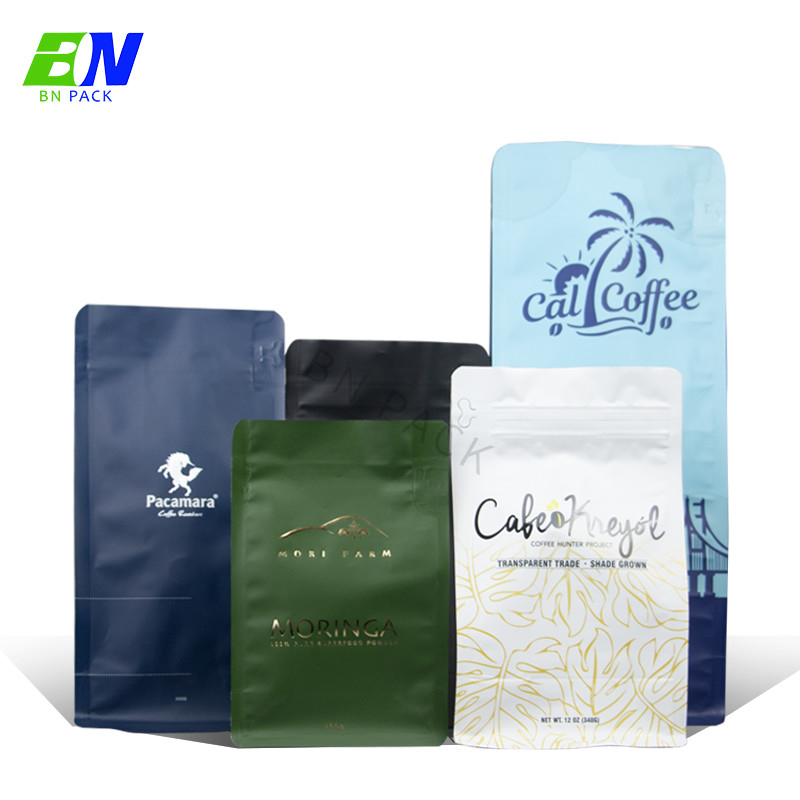 250g Custom Printed Coffee Bag Packaging Ziplock With Valve Flat Block Bottom Coffee Package