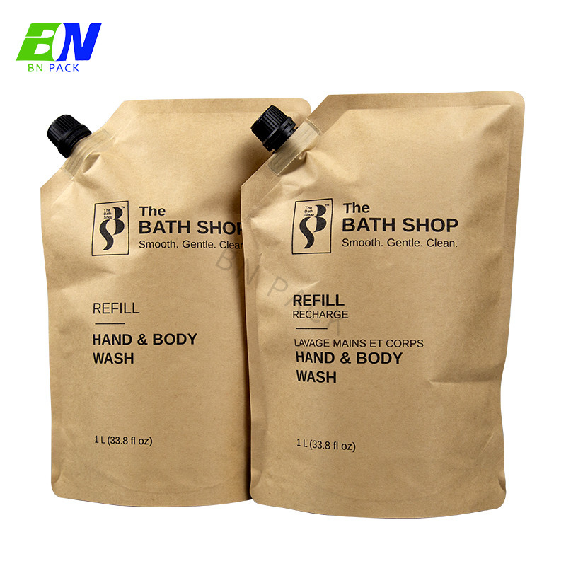 Recyclable Kraft Paper 1 Liter Refill Shampoo Pakcing Stand Up Spout Pouch
