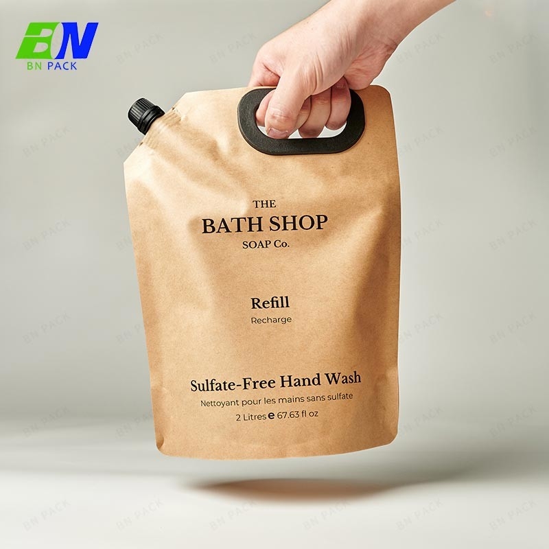Customized Kraft Paper Refill Liquid Stand Up Spout Pouch With Handle